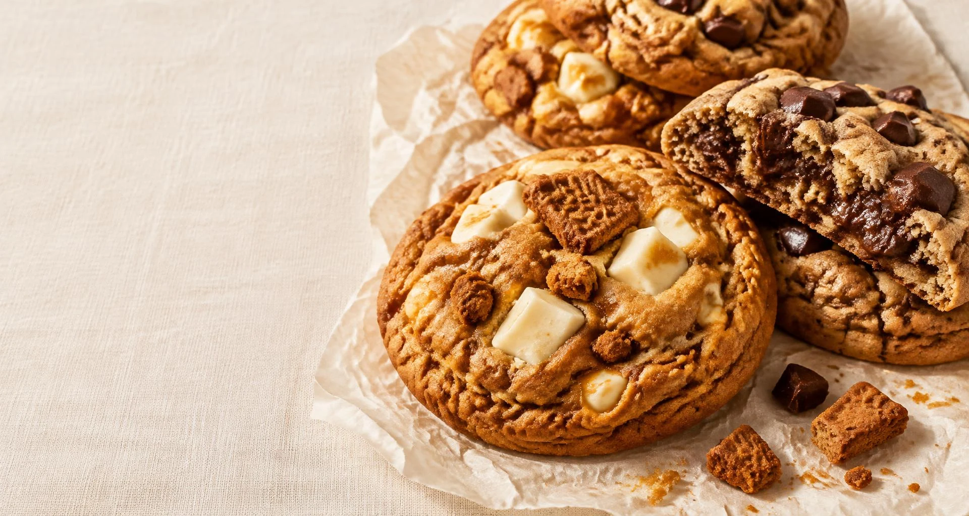 Golden white chocolate and chocolate chunk cookies on parchment — concept photography