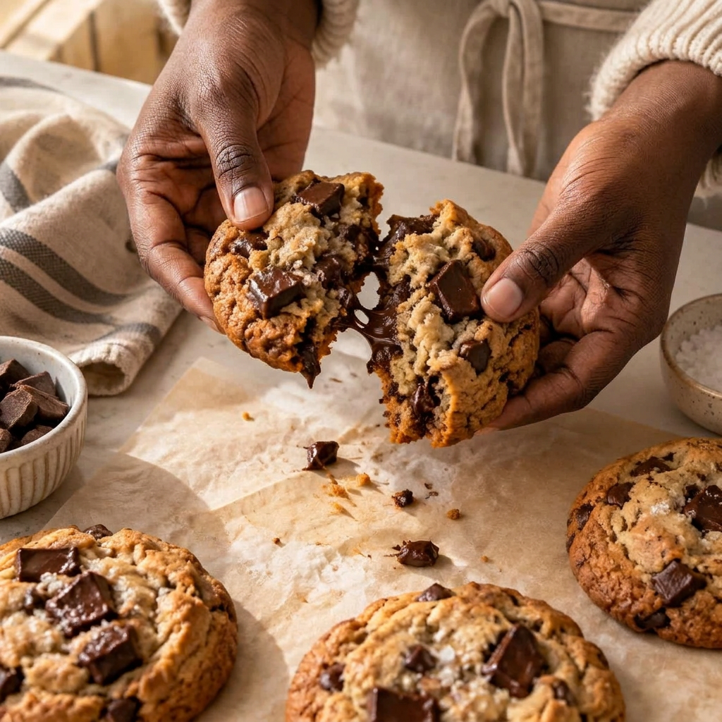 Hands sharing a freshly broken chocolate cookie — concept photography